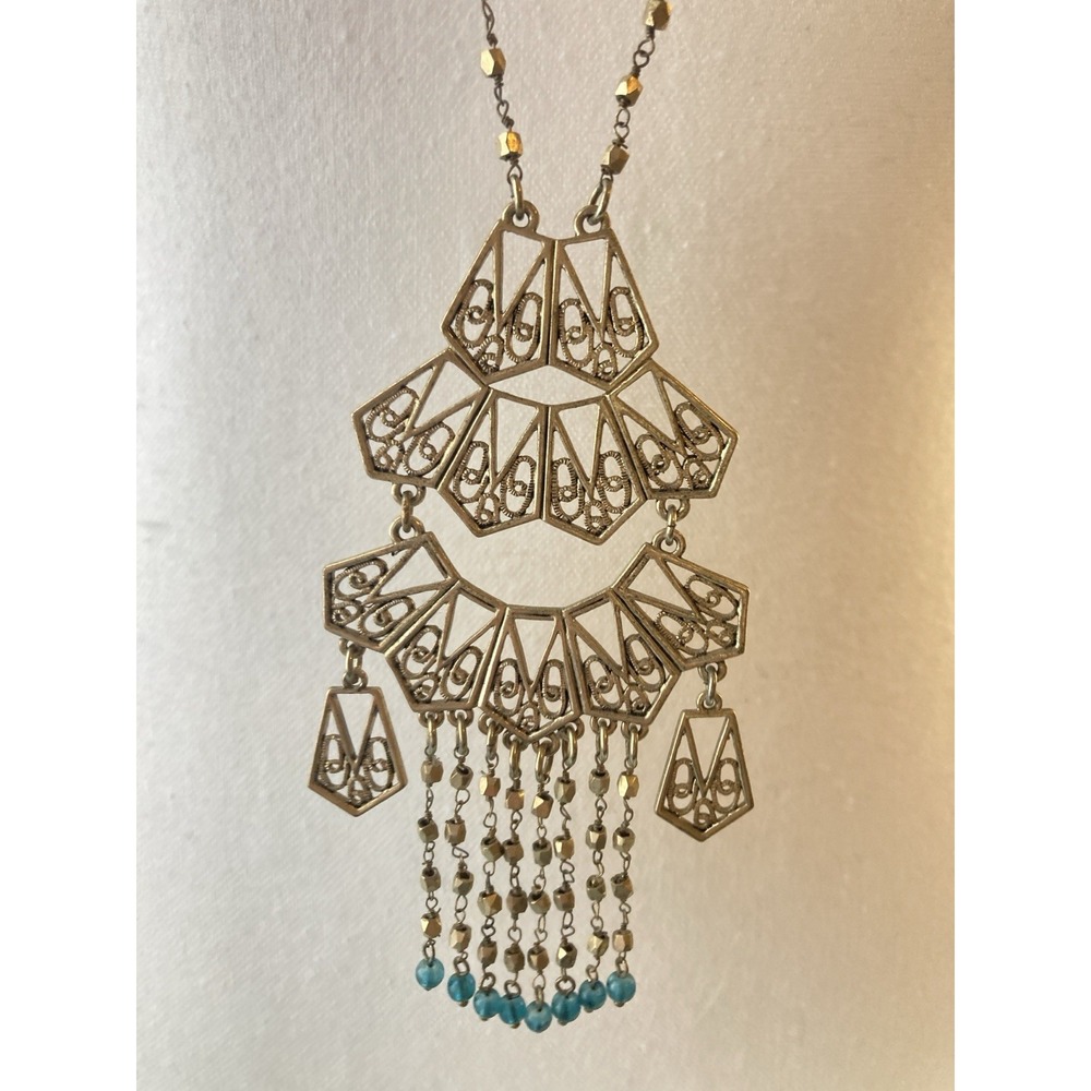 Long Gold Tone Filigree Pendant Necklace Teal Blue Bead Fringe Egyptian Revival